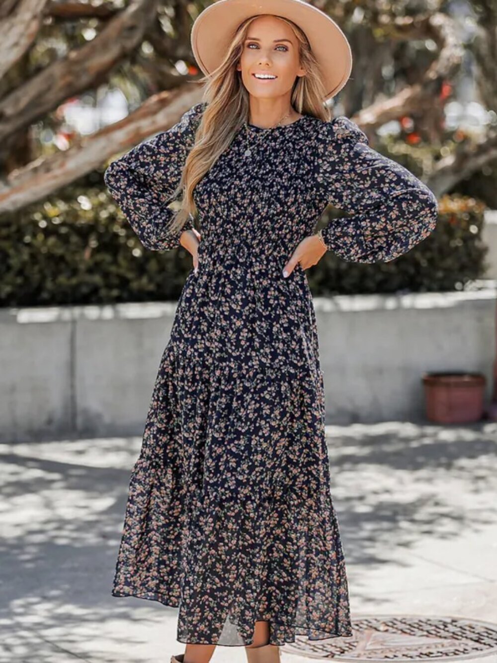 Cupshe Boho Peasant Ditsy Floral Maxi Dress Sz Medium Long Sleeves Smocked